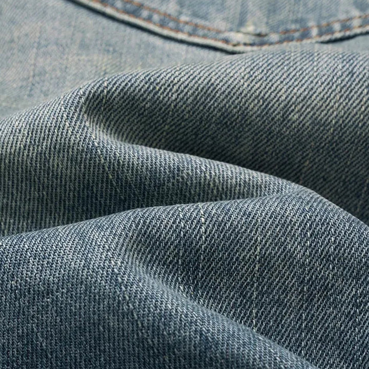 Distressed straight fit selvedge men's jeans