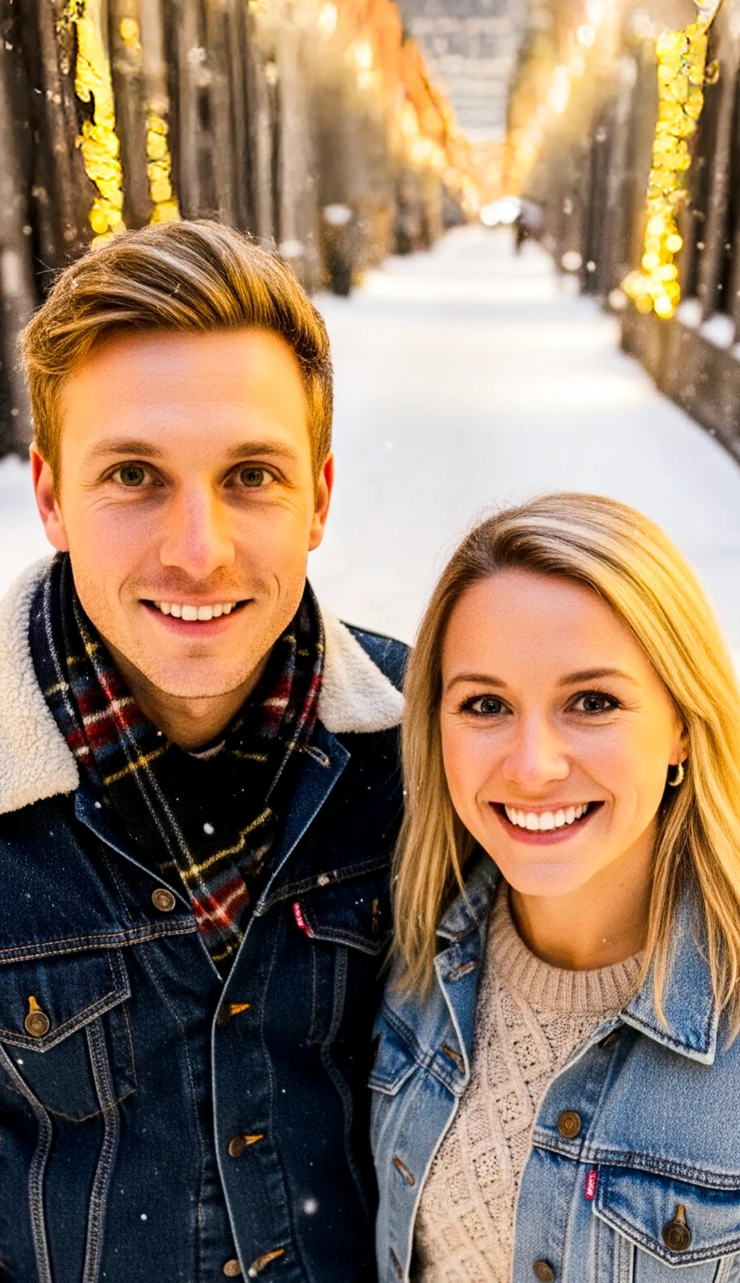 The image shows a smiling couple standing closely together on a snowy street decorated with warm holiday lights. Both are dressed in denim jackets with cozy layers underneath—one person wears a shearling-lined denim jacket and plaid scarf, while the other wears a lighter denim jacket over a knit sweater. Snowflakes are gently falling, and the background features warmly lit shop windows and festive garlands, creating a cheerful winter or Christmas atmosphere.
